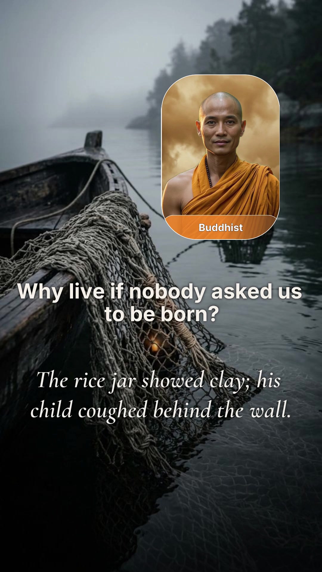 A fisherman mending a knotted fishing net by the water, illustrating the Buddhist answer to why live if nobody asked us to be born