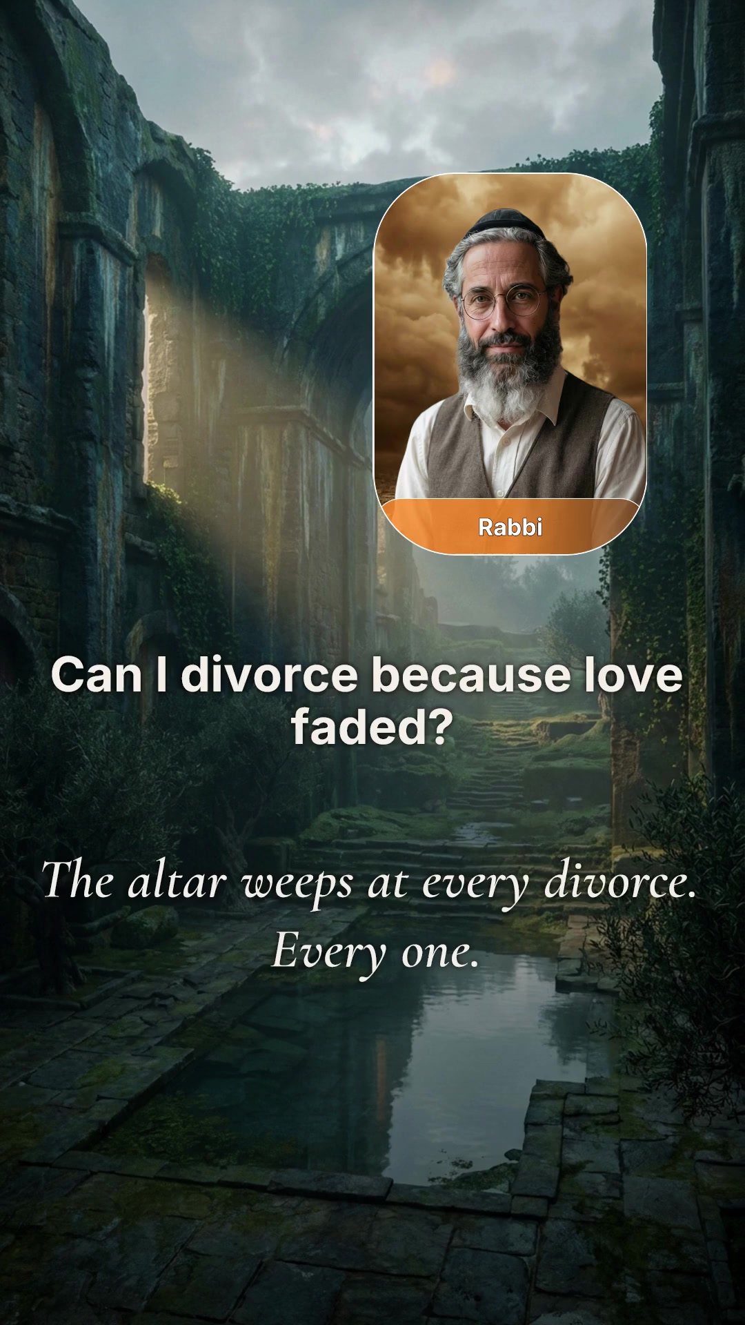 A rabbi sitting at a wooden table with an open Talmud, reflecting on whether divorce is permitted when love has faded