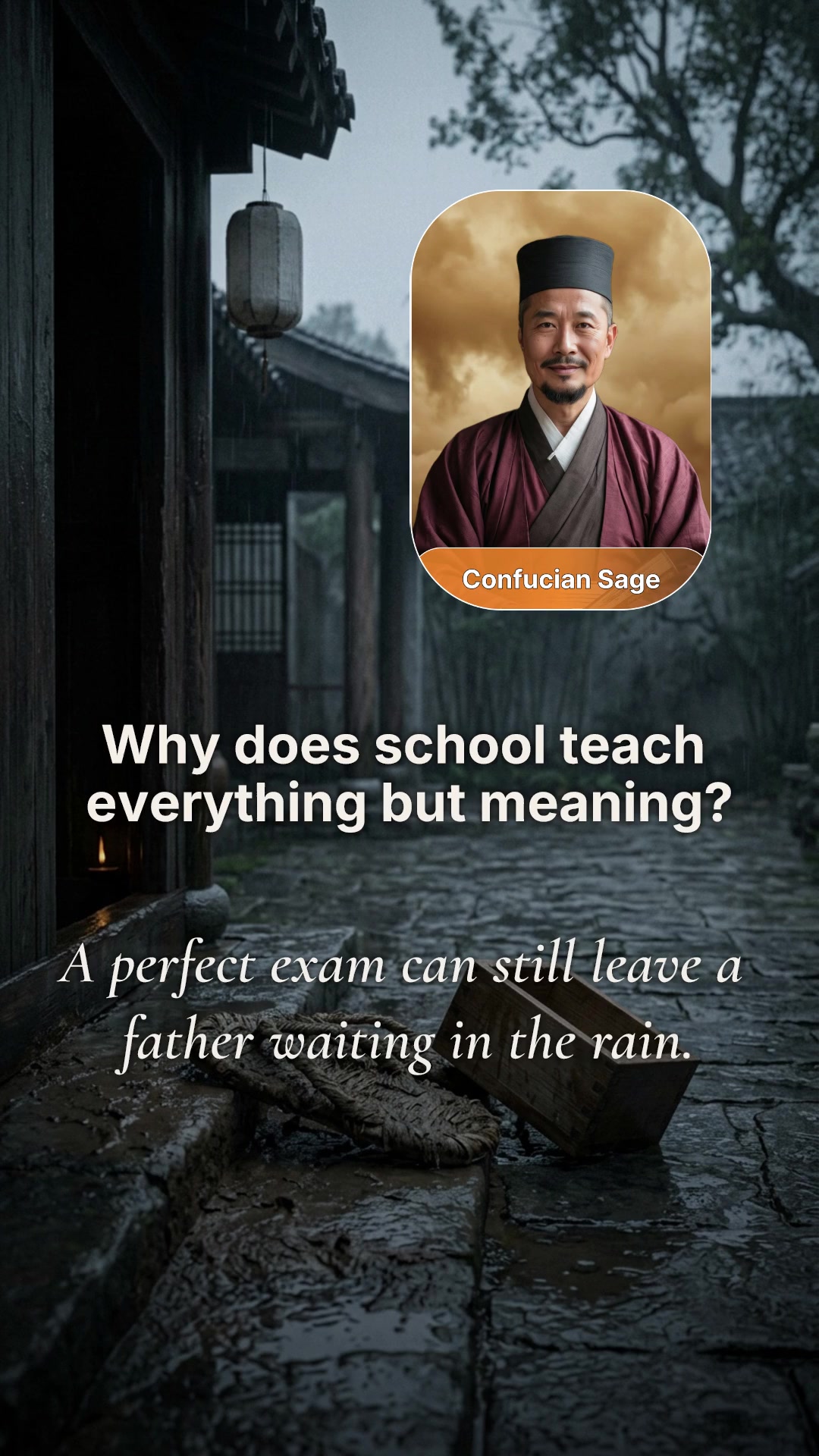 A father in the rain holding a bamboo lunchbox outside a school gate, illustrating why school teaches everything but meaning