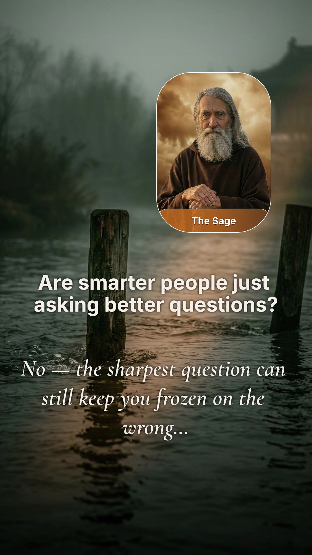 A traveler sitting frozen at a flooded river crossing at dusk, illustrating the question of whether smarter people ask better questions