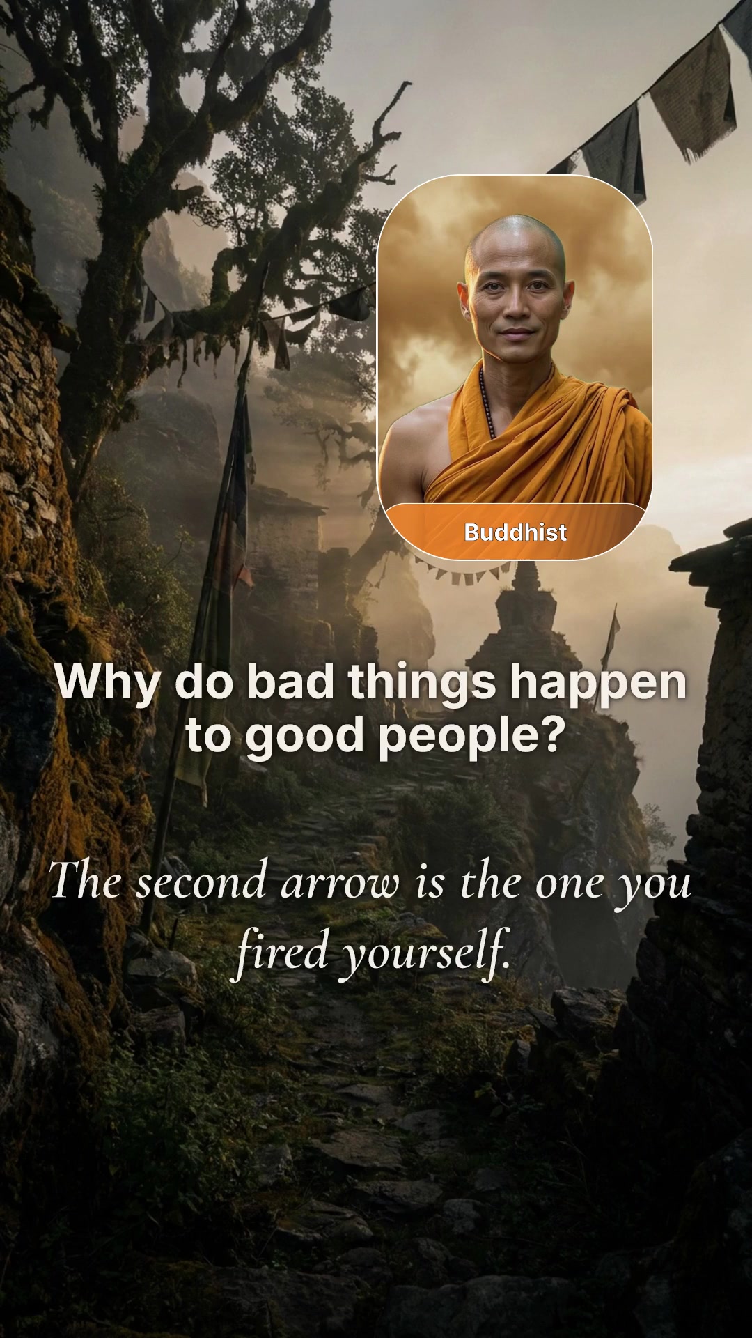 A meditating figure seated in a mountain cave surrounded by mist, illustrating the Buddhist teaching on why bad things happen to good people