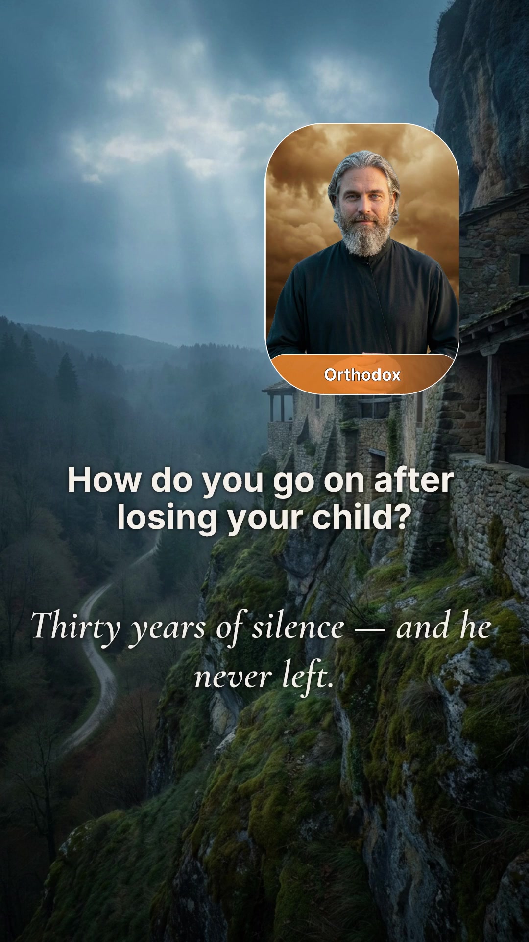 Grieving parent pressing forehead against an Orthodox icon of the Mother of God in a candlelit church at night