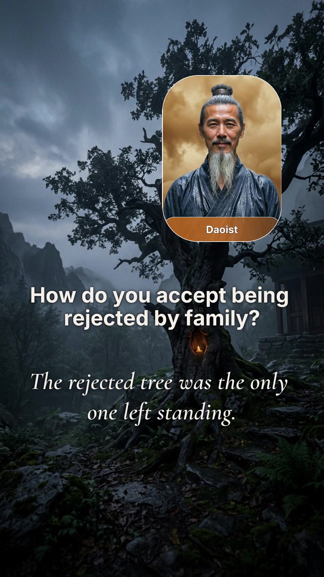 A massive ancient tree standing alone beside a shrine, illustrating how to accept being rejected by family through Daoist wisdom